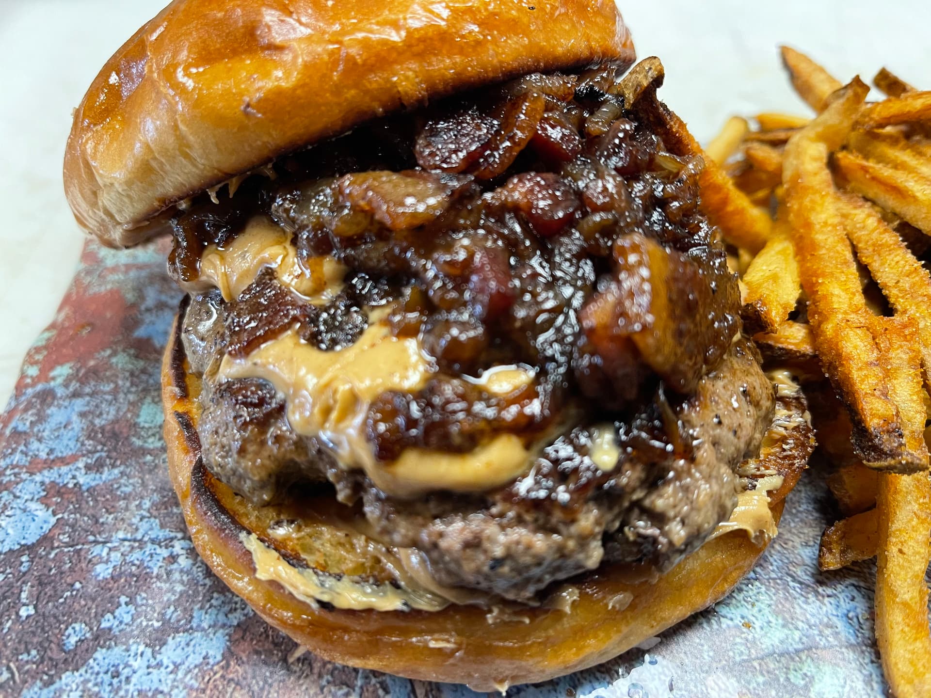 Burger of the week with bacon jam and seasoned fries